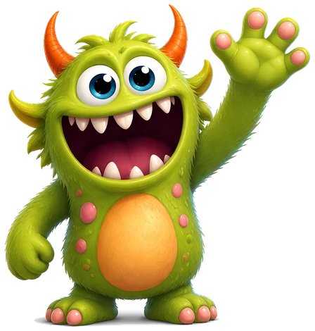 Monty, a friendly green monster, waving hello