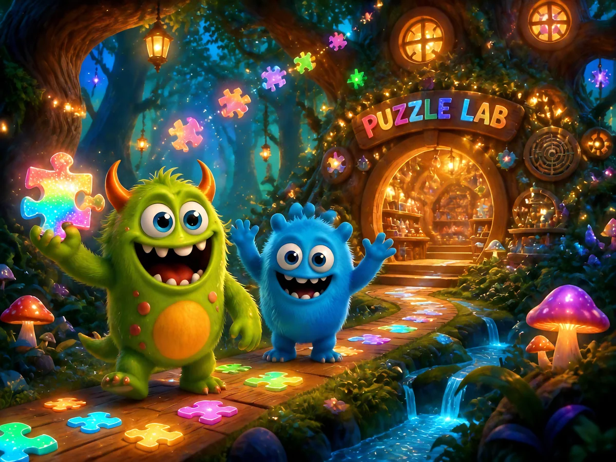 Monty and Ralph discovering the magical Puzzle Lab in Wonderwood Forest