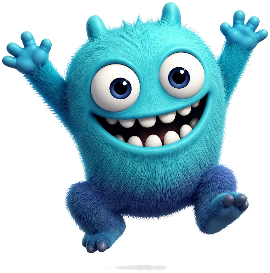 Ralph, a fluffy blue monster, jumping with joy