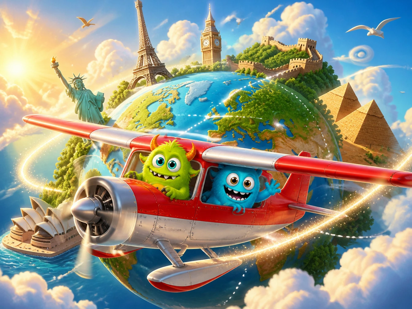 Monty and Ralph flying around the world in a little red plane